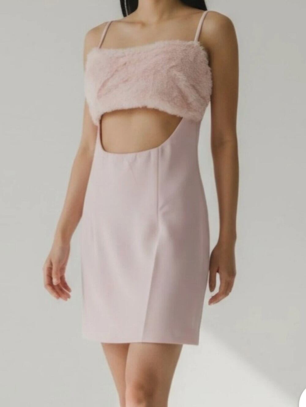 Naked Wardrobe NEW The STATEMENT Pink Faux Fur Cutout Mini Sleeveless Dress XL